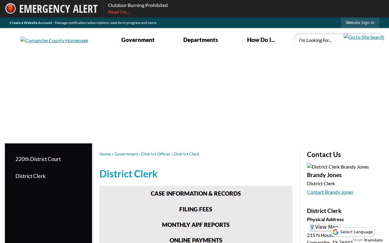 Comanche County warrant records route to the official District Clerk records page