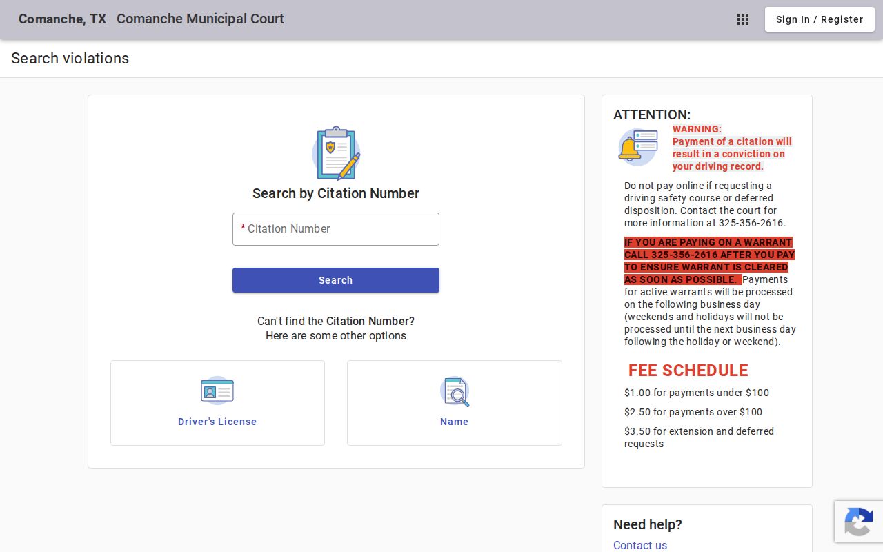 Comanche County traffic warrant reference to the municipal portal’s full citation search