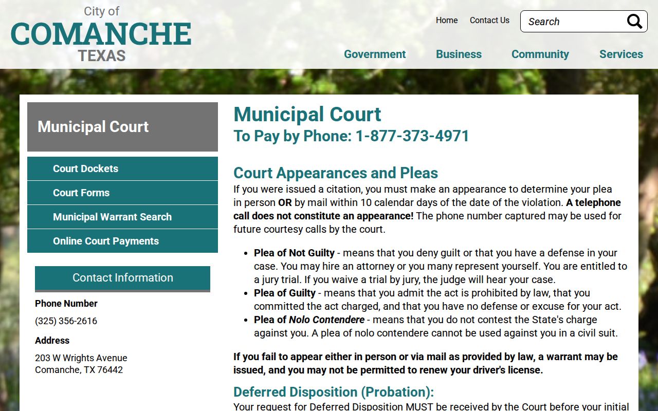 Comanche County traffic warrant page showing the city court ten-day appearance instructions