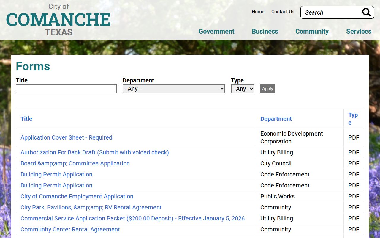 Comanche warrant records reference to the city’s official municipal forms page