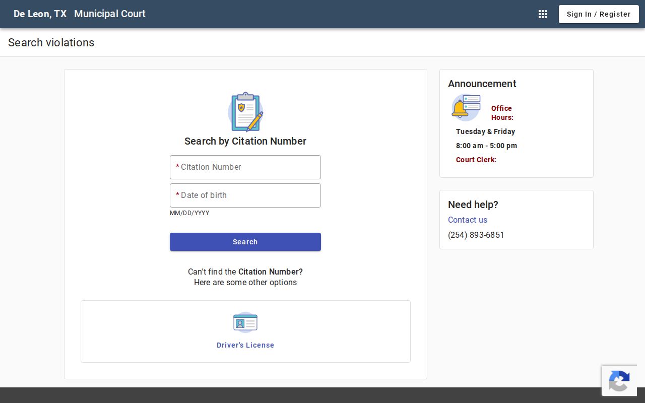 De Leon warrant records portal reference showing municipal citation search modes