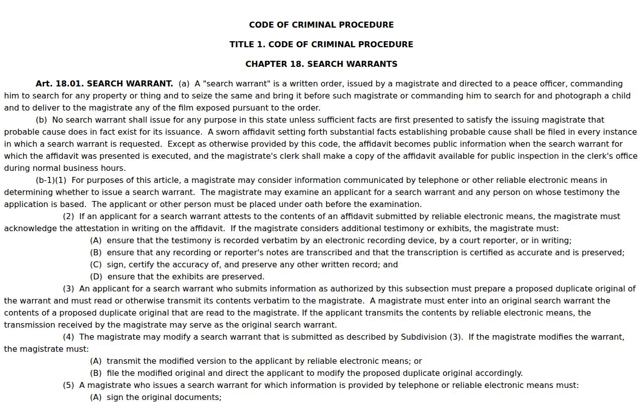 Comanche County arrest warrant access reference explaining Article 18.01 search-warrant affidavits