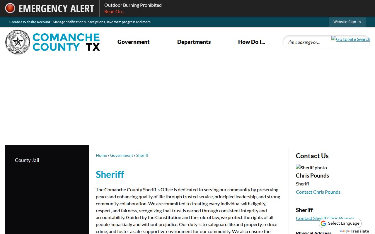 Comanche County warrant records routing through the official Sheriff contact page